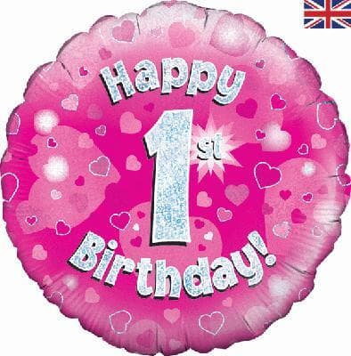 Oaktree Happy 1st Birthday Pink Holographic 45cm Foil. Each