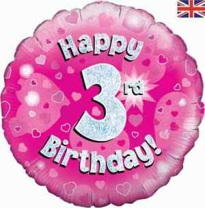 Oaktree Happy 3rd Birthday Pink Holographic 45cm Foil Each