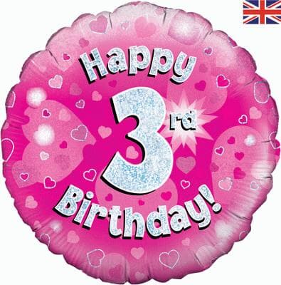 227543.jpg Oaktree Happy 3rd Birthday Pink Holographic 45cm Foil Each