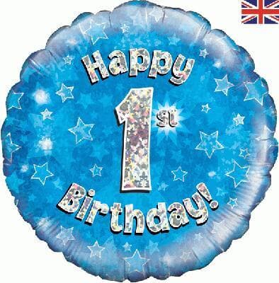 227819.jpg Oaktree Happy 1st Birthday Blue Holographic 45cm Foil. Each