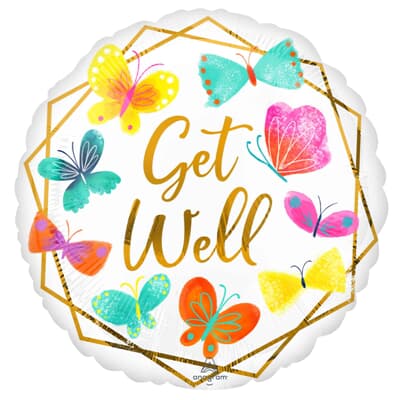 43035.jpg Gold Get Well with Butterfly 45cm Foil Balloon Each