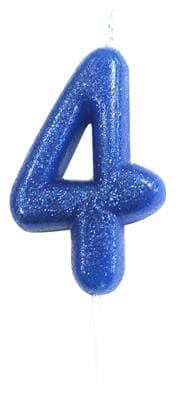Candle Blue Glitter Numeral 4 - 7cm tall EA
