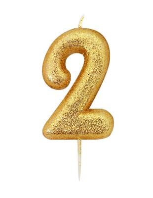 Candle Gold Glitter Numeral 2 - 7cm tall Pack