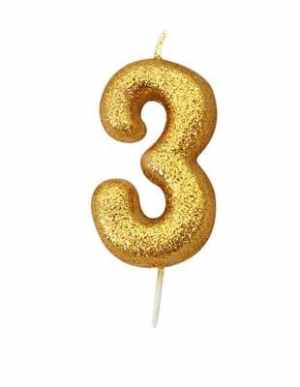 Candle Gold Glitter Numeral 3 - 7cm tall Pack