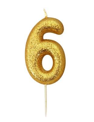 AHC90-6.jpg Candle Gold Glitter Numeral 6 - 7cm tall Pack