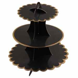 3 Tier Cup Cake Stand 35cm high Black with Gold Edge Pack