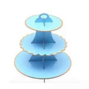 3 Tier Cup Cake Stand 35cm high Light BlueW/Gold Edge Pack