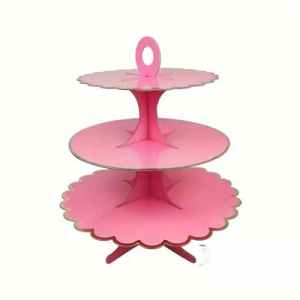 3 Tier Cup Cake Stand 35cm high Pink with Gold Edge Pack
