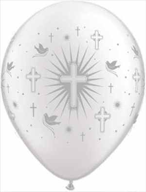 Qualatex Balloons Cross and Dove Pearl White (Silver ink) 28cm Bag(50)
