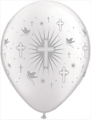 Q84650.jpg Qualatex Balloons Cross and Dove Pearl White (Silver ink) 28cm Bag(50)