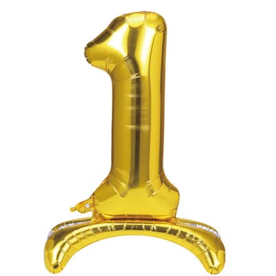 Stand Up Number 1  foil balloon. 40cm / 16in.  Self Seal with straw. Hang sell packaging EA