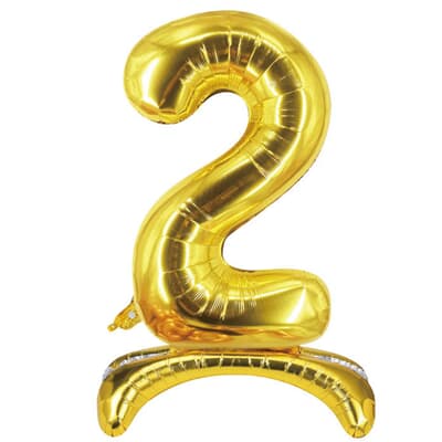 Stand Up Number 2  foil balloon. 40cm / 16in.  Self Seal with straw. Hang sell packaging EA