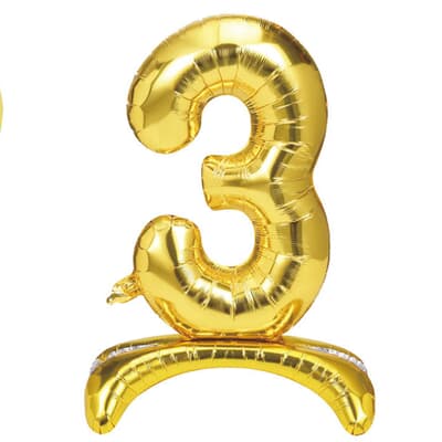 SU-GOLD-3.jpg Stand Up Number 3 foil balloon. 40cm / 16in. Self Seal with straw. Hang sell packaging EA
