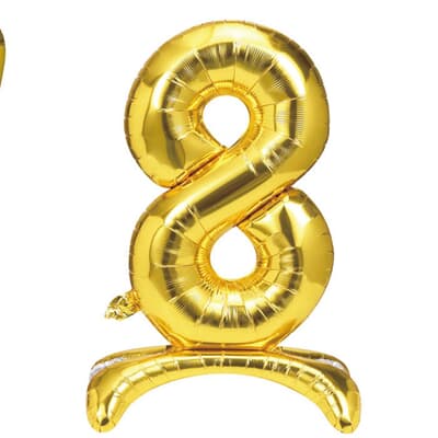 SU-GOLD-8.jpg Stand Up Number 8 foil balloon. 40cm / 16in. Self Seal with straw. Hang sell packaging EA